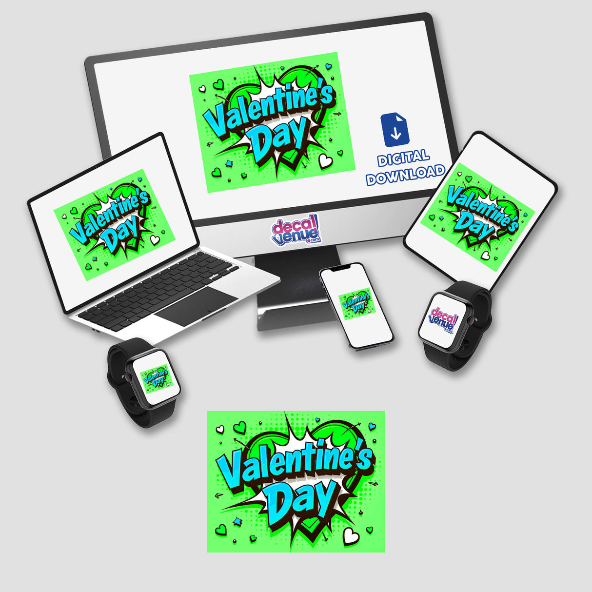 Valentine's Day Love Heart digital artwork featuring a green and white heart with blue text, displayed on a computer monitor alongside a laptop, tablet, and phone showcasing matching designs.