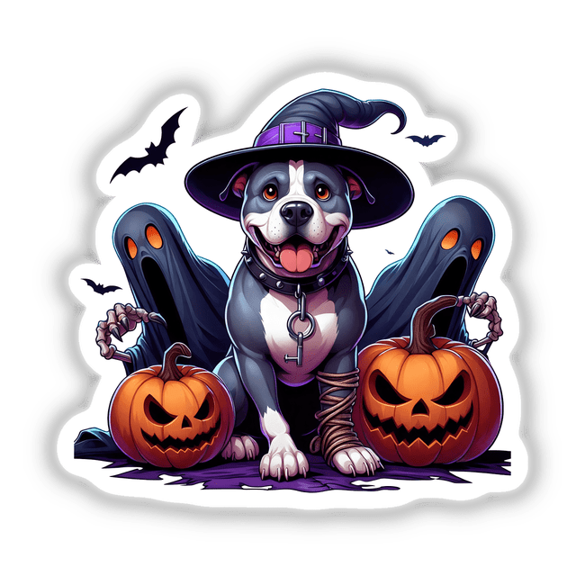 Cute Pitbull dog in Halloween costume with pumpkins and bats