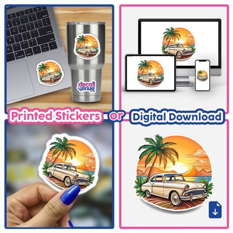 Classic vintage car silhouette against a tropical sunset with palm trees, perfect for stickers or digital downloads from Decal Venue's unique collection of vibrant, stylized artwork.