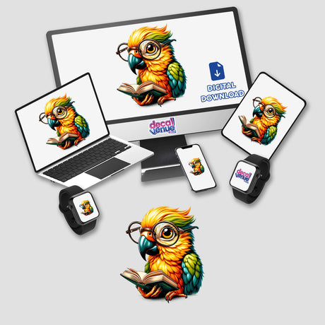 Parrot With Reading Glasses Open Book: A digital artwork featuring a cartoon parrot wearing glasses, reading an open book, suitable for stickers or as a digital download from Decal Venue.