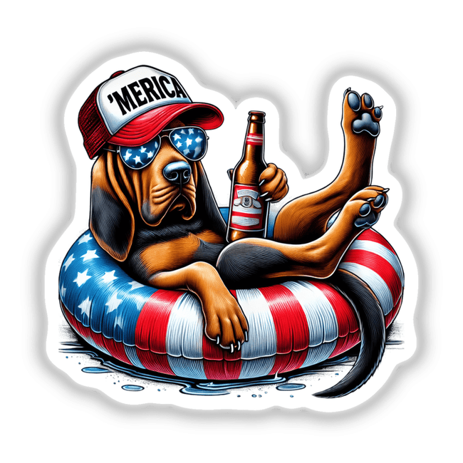 Patriotic Bloodhound Dog on Inflatable Tube with American Flag Hat and Beer