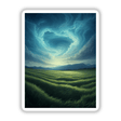 Stormy Sky Over Lush Green Fields with Rolling Waves of Grass, available as stickers or digital artwork, showcasing a dramatic landscape with mountains, clouds, and vibrant grass.