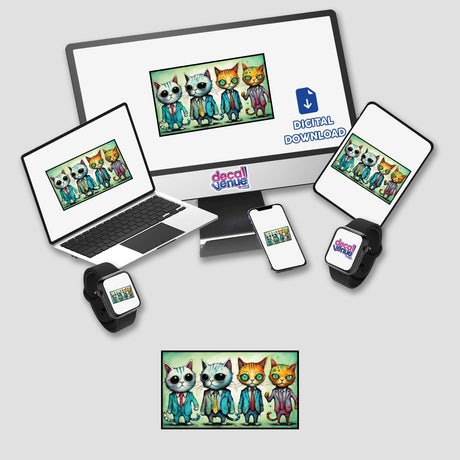 Crazy Cool Cats in Suits featured on a computer monitor, laptop, and phone, capturing playful feline artwork available as stickers or digital art from Decal Venue.