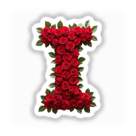 Elegant Floral Letter I Clipart - Downloadable Sticker with Commercial Rights featuring intricate rose arrangements and detailed leaf accents. Perfect for unique artistic projects or personalized decor.