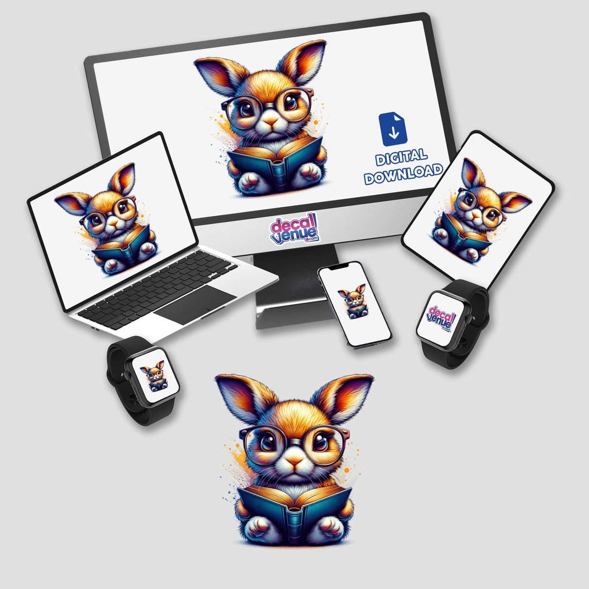 Rabbit With Reading Glasses Open Book displayed on a computer monitor and laptop screen, available as stickers or digital artwork, showcasing a cartoon rabbit engrossed in reading.