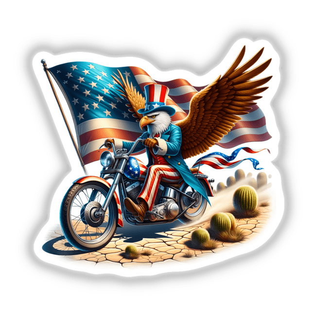 American eagle riding a motorcycle with the US flag in the background, against a desert landscape with cacti.