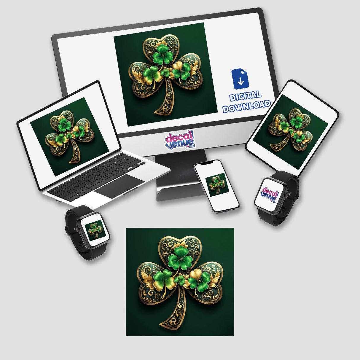 Elegant Golden Shamrock with Intricate Filigree and Green Clover Accents displayed on a computer monitor and laptop, offering vibrant sticker or digital artwork options from Decal Venue.