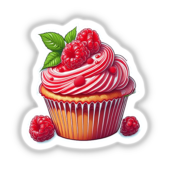 Delectable raspberry cupcake with vibrant red frosting, topped with fresh raspberries and mint leaves, set against a plain background.