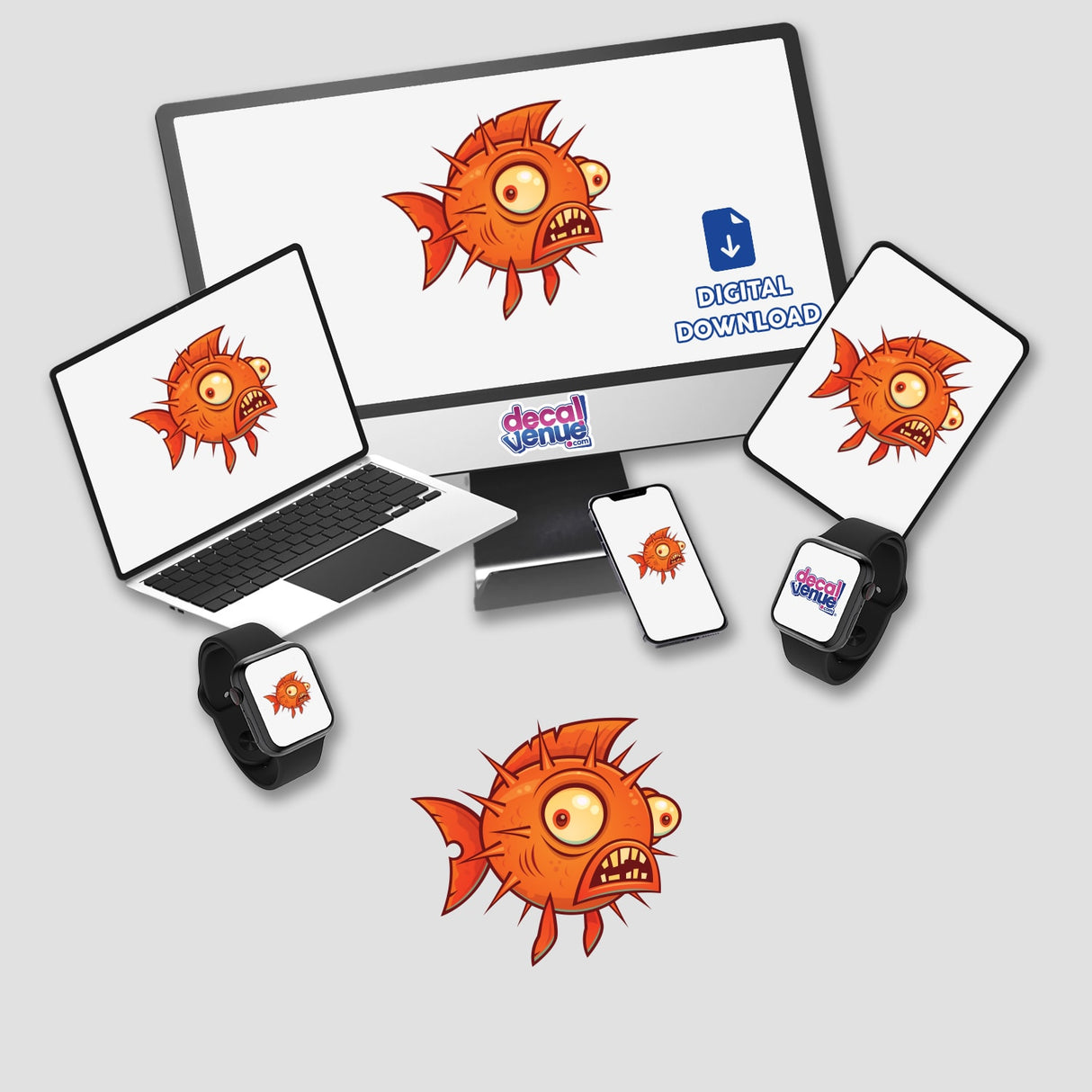 Cartoon pufferfish with sharp teeth displayed on a computer monitor and laptop screen, available as a sticker from Decal Venue.