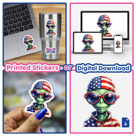 Patriotic alien character decals on laptop, phone, and in printed sticker form with American flag design elements