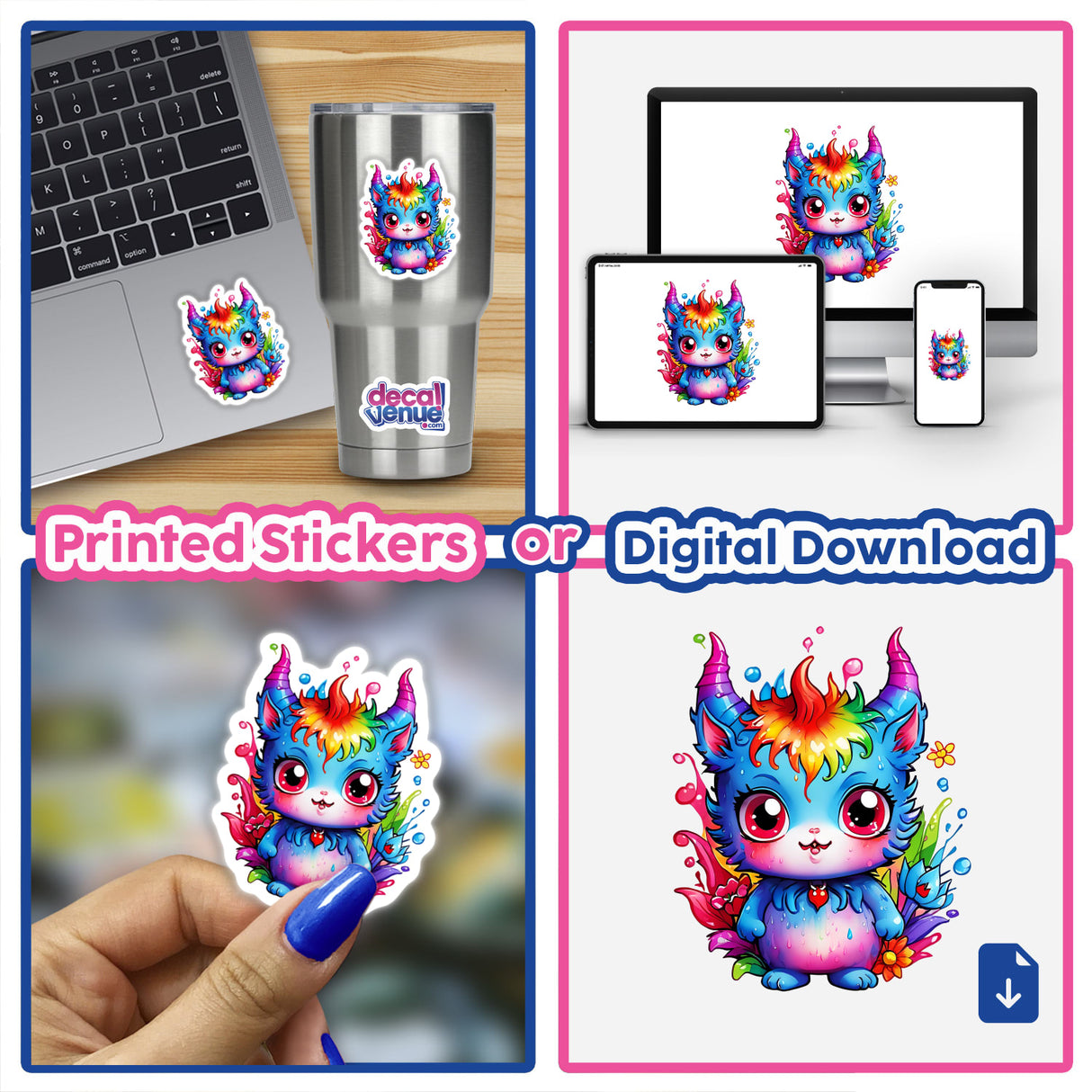 Collage featuring cute devil cartoon cat stickers and digital artwork, showcasing various colorful cartoon characters and scenes on laptops, cups, and more.