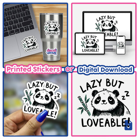 Collage showcasing Panda Lazy But Lovable stickers and digital artwork, including a laptop with a panda sticker, a hand holding a panda sticker, and digital panda images on screens.