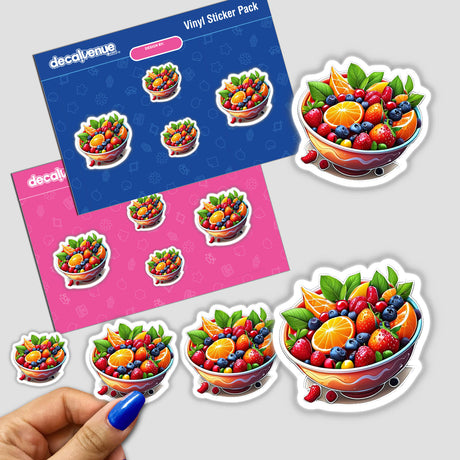 Vibrant fruit salad stickers featuring an assortment of colorful berries, citrus, and other fresh produce. These high-quality vinyl stickers are perfect for decorating, scrapbooking, or personalizing your belongings.