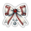 Coquette Baseball Bow with Gems, featuring red stitching and sparkling gem accents, elegantly blends sporty charm with sophistication, ideal for fashion-forward baseball enthusiasts.