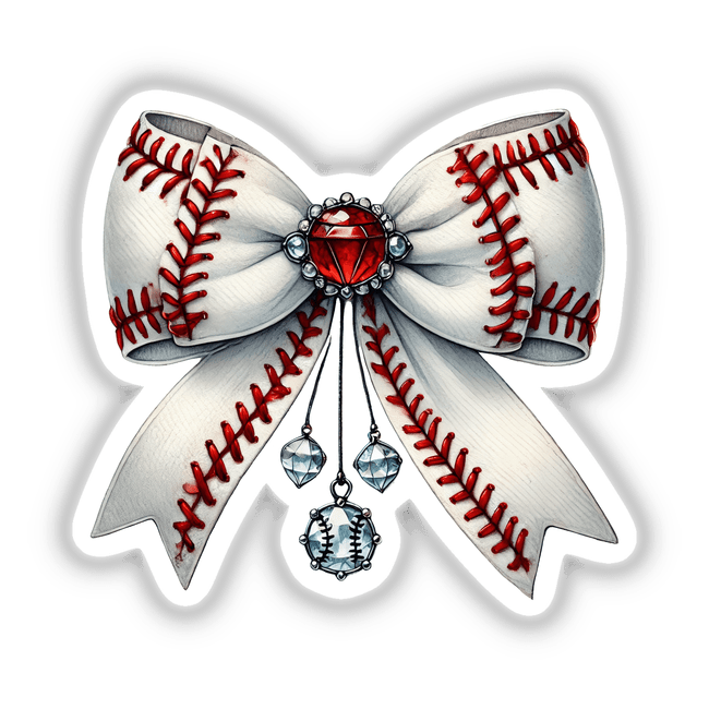 Coquette Baseball Bow with Gems, featuring red stitching and sparkling gem accents, elegantly blends sporty charm with sophistication, ideal for fashion-forward baseball enthusiasts.