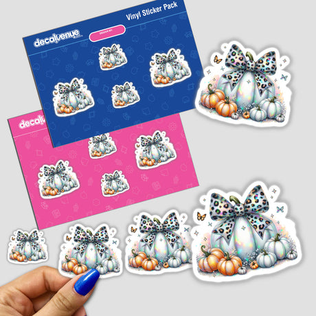 Colorful digital stickers featuring pumpkins, owls, and leopard-print bows displayed on a Decal Venue product packaging