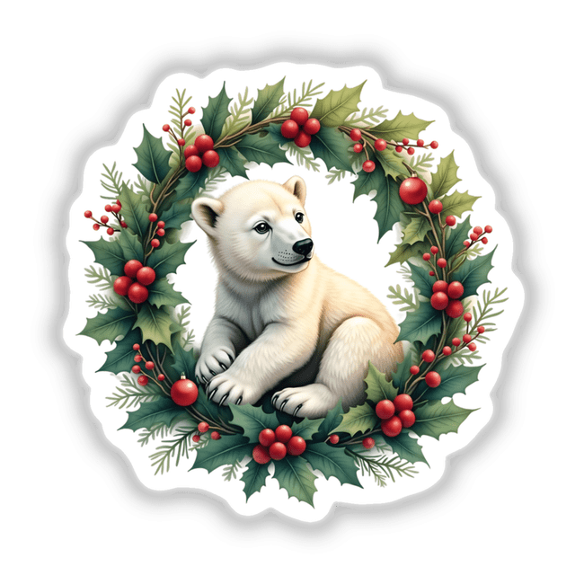 Polar Bear Cub in a Christmas Wreath sticker, showcasing a cute polar bear surrounded by holly and berries, available as unique stickers or digital artwork from Decal Venue.