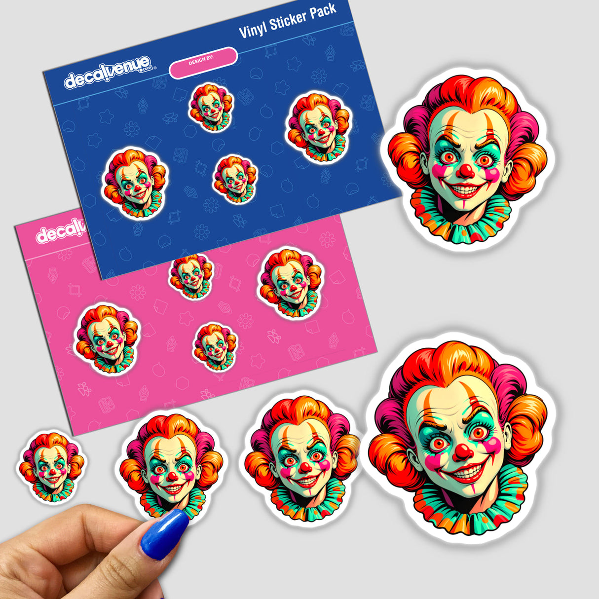 A Crazy Clown Girl sticker featuring a cartoon clown with red and pink hair, held by a hand, showcasing its vibrant design. Available as a sticker or digital artwork.