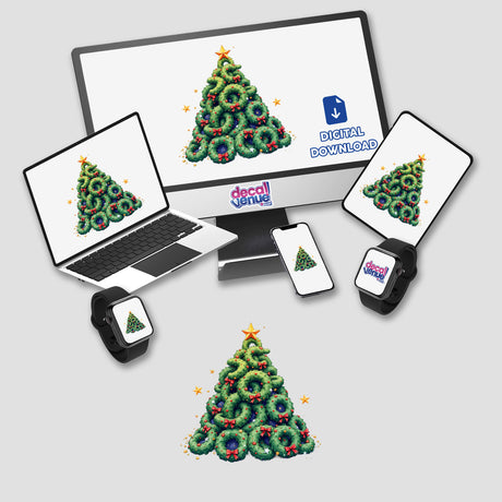 Wreaths Christmas Tree displayed on digital devices, showcasing a festive tree made of wreaths. Available as stickers or digital artwork, fitting Decal Venue's unique collection of creative visuals.