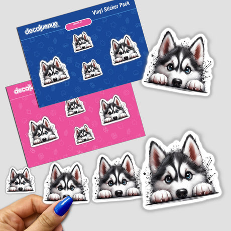 Peeking Husky Dog Splatter sticker featuring a cartoon-style husky's face peeking playfully. Available as stickers or digital artwork, perfect for adding a fun, unique touch.