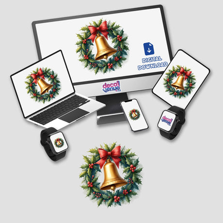 Christmas Bell in a Holiday Wreath displayed on various devices, emphasizing its availability as stickers or digital artwork from Decal Venue.