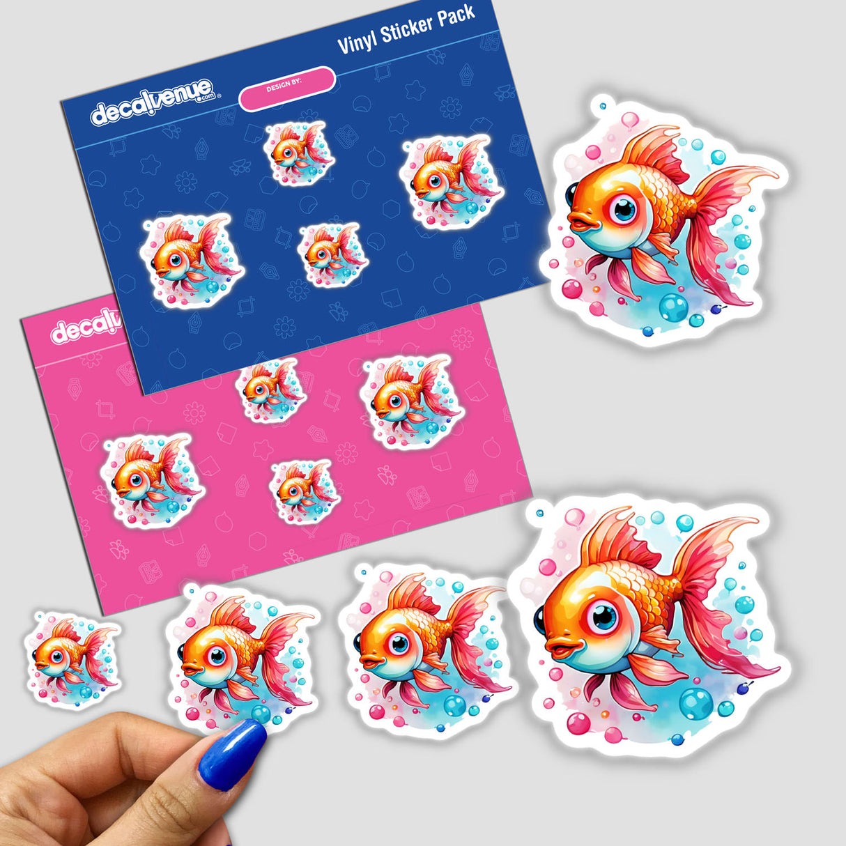 Bubbly Goldfish: Cute Watercolor Vector Art Sticker featuring cartoon goldfish with bubbles and pink fins, showcased on a sticker pack.