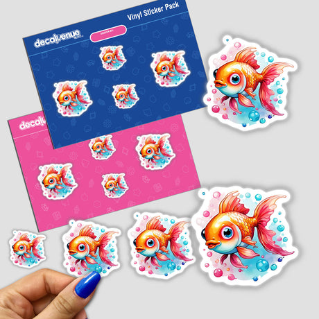 Bubbly Goldfish: Cute Watercolor Vector Art Sticker featuring cartoon goldfish with bubbles and pink fins, showcased on a sticker pack.