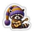 Colorful raccoon gnome playing guitar, wearing a purple and yellow knit hat with a tassel, situated on a plain white background.