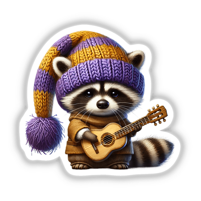 Colorful raccoon gnome playing guitar, wearing a purple and yellow knit hat with a tassel, situated on a plain white background.