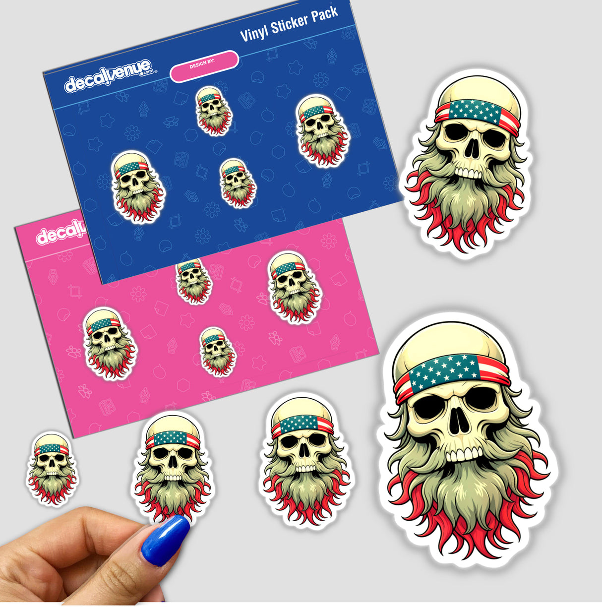 Sticker featuring a cool skull with an American flag bandana, depicted with a beard. The image captures diverse sticker designs, emphasizing the unique style offered by Decal Venue.