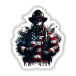 Firefighter American Flag Splatter - Digital artwork featuring a firefighter in full protective gear with an American flag-themed uniform, surrounded by a grunge-style splatter effect.