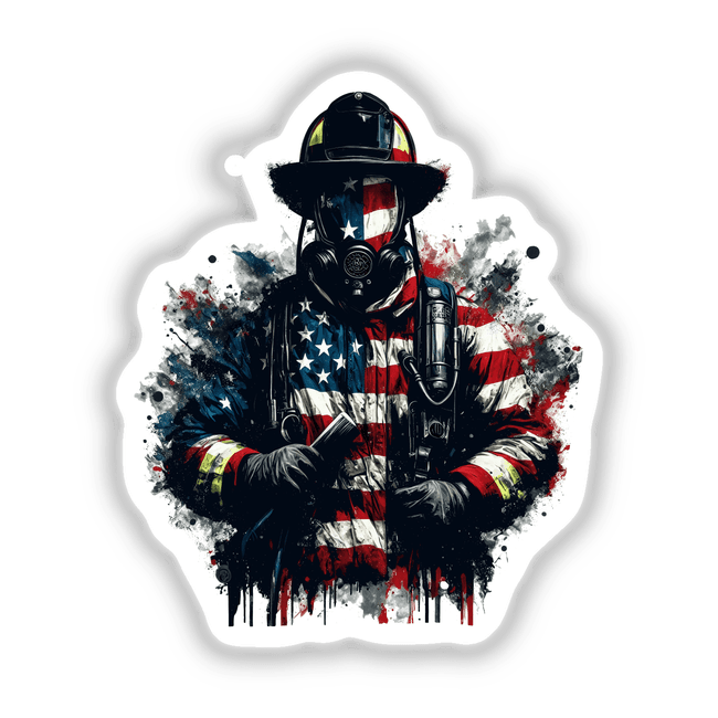 Firefighter American Flag Splatter - Digital artwork featuring a firefighter in full protective gear with an American flag-themed uniform, surrounded by a grunge-style splatter effect.