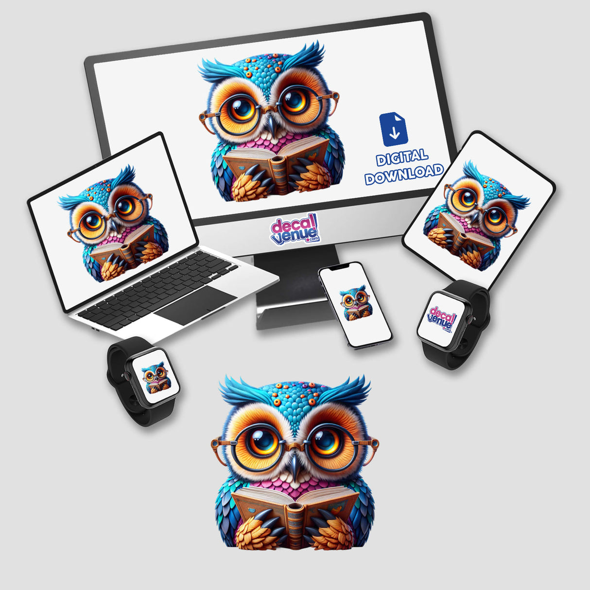 Owl With Reading Glasses Open Book displayed on a laptop and monitor, ideal as stickers or digital artwork, showcasing a cartoon owl reading a book, perfect for Decal Venue's unique collection.