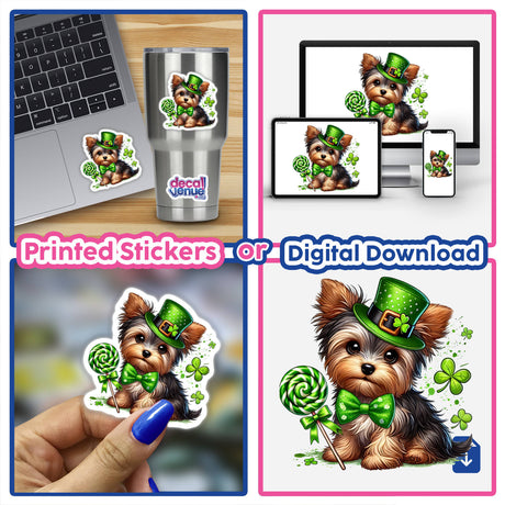 Collage featuring St Patrick's Day Leprechaun Yorkie Dog stickers on a laptop and cup, highlighting a Yorkie wearing a hat and bow tie, available as unique vinyl stickers or digital artwork.