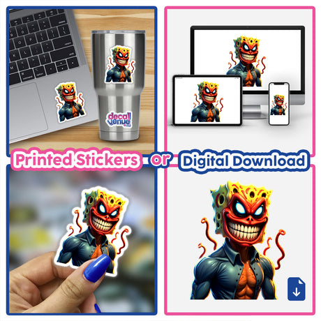 Alien Mutant Superhero Villain stickers, featuring a cartoon character with a large mouth, shown on a laptop and cup, highlighting unique designs available as stickers or digital artwork.