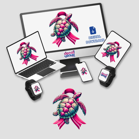 Turtle Pink Ribbon Breast Cancer digital artwork displayed on a computer monitor and laptop screens, featuring a colorful turtle with pink and blue stripes.