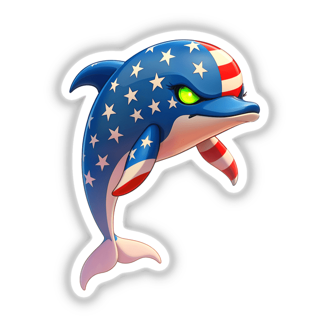 A Cool American Flag Dolphin depicted in cartoon style, featuring a playful dolphin adorned with a star-spangled flag pattern. Available as stickers or digital artwork from Decal Venue.