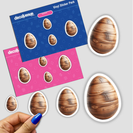 Carved Wood Egg sticker featuring a wooden egg shape with a white border, available as a unique decal or digital artwork from Decal Venue, known for creative stickers and art.