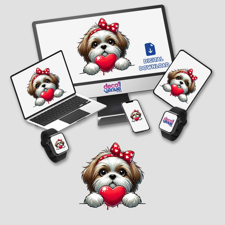 Peeking Shih Tzu Dog with Heart: Digital artwork showing a cartoon Shih Tzu holding a heart, displayed on a computer monitor and laptop, available as stickers or digital artwork.