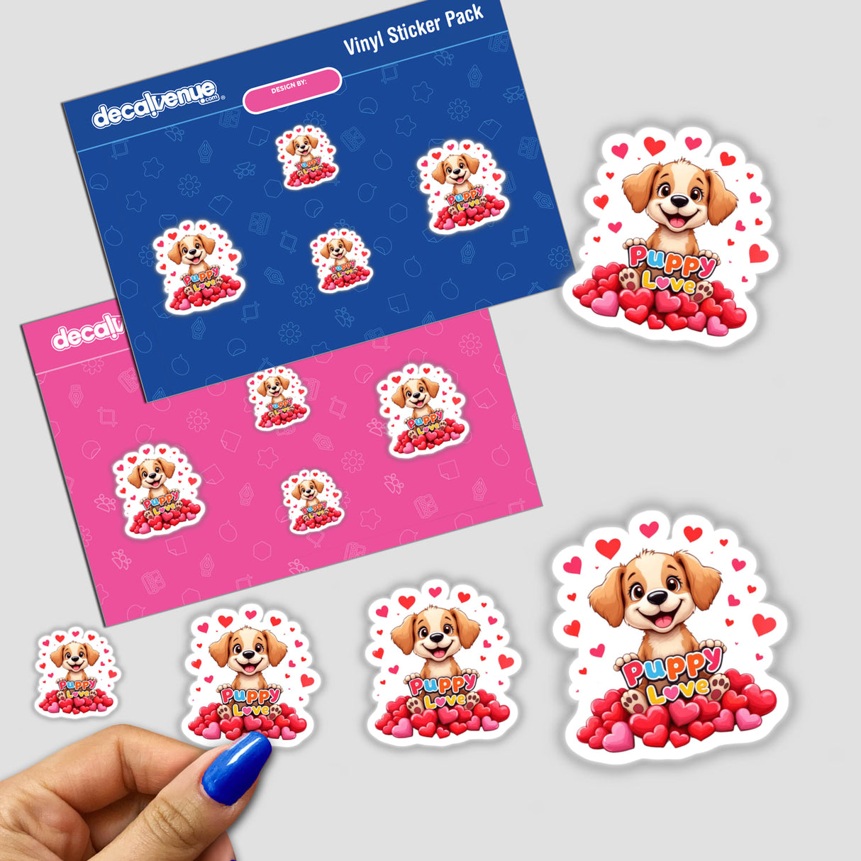 Puppy Love sticker pack featuring cartoon dogs and hearts, perfect for decorating envelopes or digital artwork. Ideal for fans of unique vinyl stickers from Decal Venue.