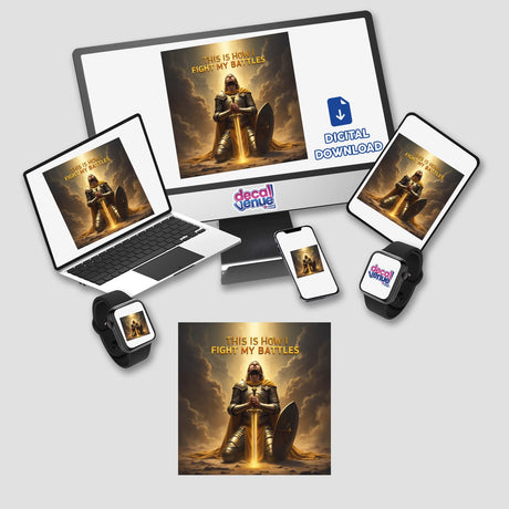 Inspirational Christian Warrior Clipart featuring a knight in armor with a sword and shield, available for commercial use as digital art or stickers.