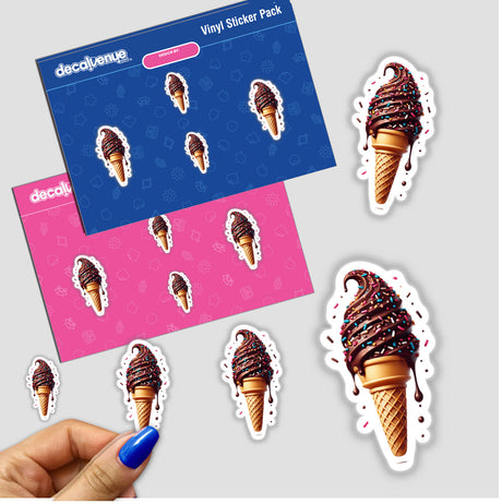 Colorful vinyl sticker pack featuring stylized chocolate ice cream cones with sprinkles, created by Decal Venue, a store that offers unique stickers and digital art for self-expression.