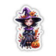 Evil Witch Queen Sticker Design: Dark Enchantress with flowers in her hair, holding a pumpkin with a sinister face, exuding a haunting and mystical aura.