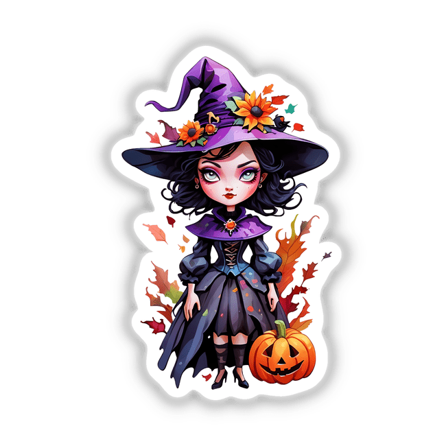 Evil Witch Queen Sticker Design: Dark Enchantress with flowers in her hair, holding a pumpkin with a sinister face, exuding a haunting and mystical aura.