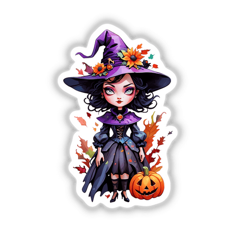 Evil Witch Queen Sticker Design: Dark Enchantress with flowers in her hair, holding a pumpkin with a sinister face, exuding a haunting and mystical aura.