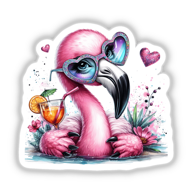 Quirky pink flamingo sipping a tropical drink, wearing heart-shaped sunglasses, surrounded by colorful floral elements