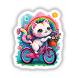 Purrfectly Cute: Cat on Pink Vintage Bicycle Sticker featuring a cartoon cat riding a bike, available as stickers or digital artwork from Decal Venue.