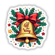 Festive Jingle All the Way Bell Christmas sticker featuring a gold bell adorned with a red bow and holly leaves, perfect for holiday decorations.