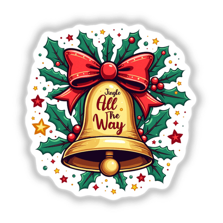 Festive Jingle All the Way Bell Christmas sticker featuring a gold bell adorned with a red bow and holly leaves, perfect for holiday decorations.