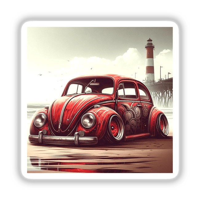 Vintage red Volkswagen Beetle digital artwork with iconic lighthouse in the background, expressing a retro coastal aesthetic.